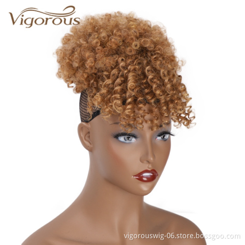Vigorous High Quality Cheap Price Kinky Curly Updo Hairpieces Fluffy Chignon With Bang For Black Women Synthetic Afro Hair Bun